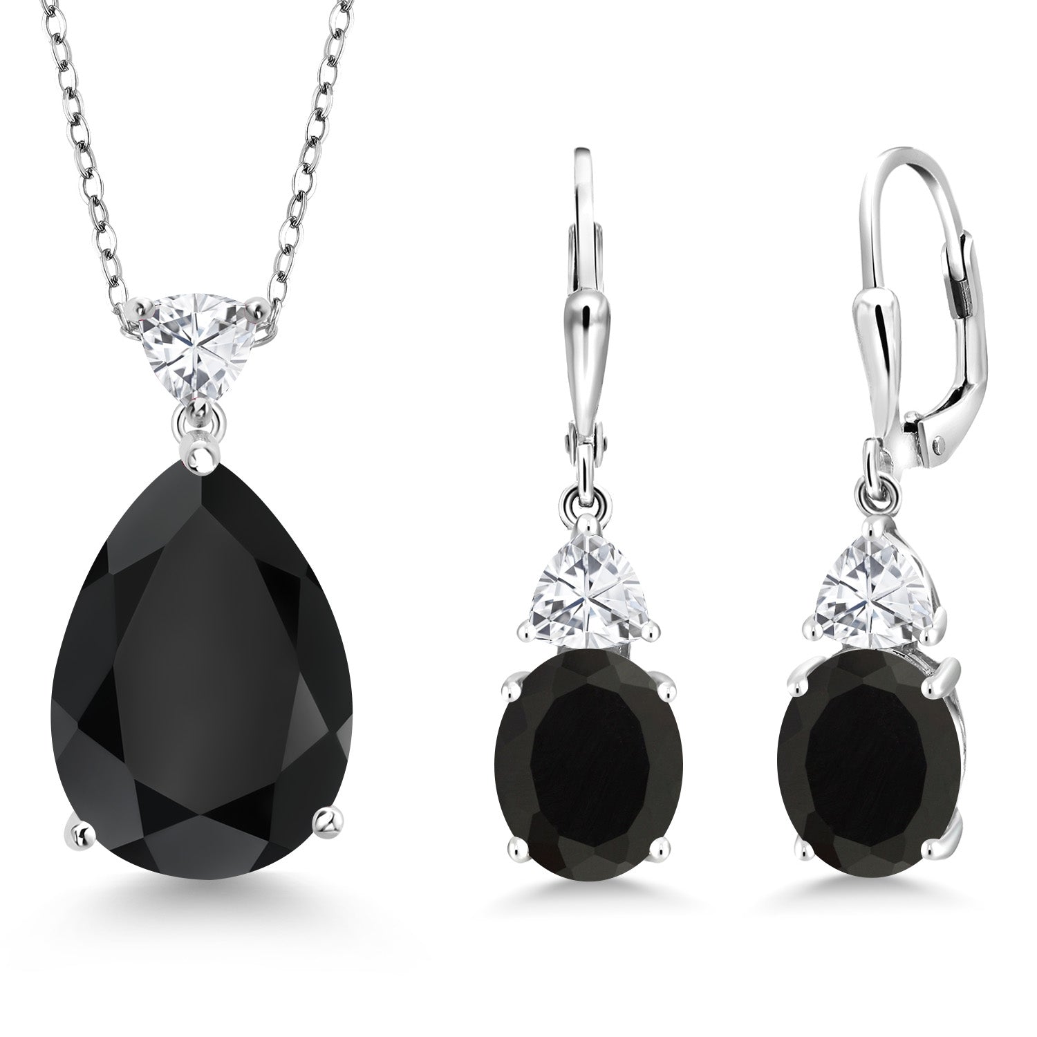 925 Sterling Silver Black Onyx and White Zirconia Pendant Earrings Jewelry Set For Women (17.22 Cttw, Pear Shape 18X13MM, with 18 Inch Chain)