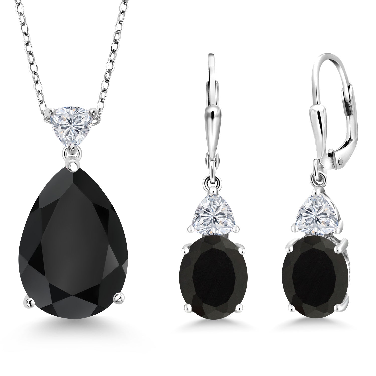 925 Sterling Silver Black Onyx and Lab Grown Diamond Pendant Earrings Jewelry Set For Women | 16.02 Cttw | Gemstone December Birthstone | Pear Shape 18X13MM | with 18 Inch Chain