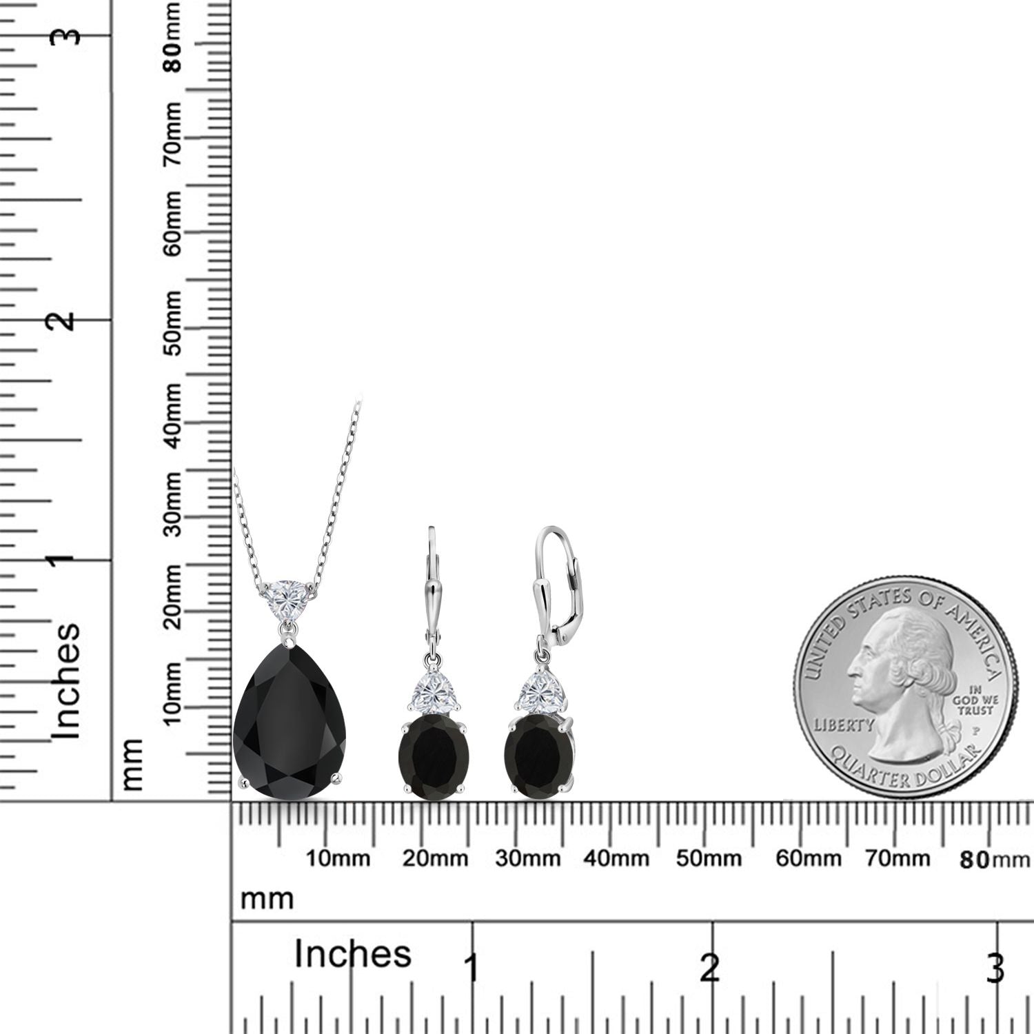 925 Sterling Silver Black Onyx and Lab Grown Diamond Pendant Earrings Jewelry Set For Women | 16.02 Cttw | Gemstone December Birthstone | Pear Shape 18X13MM | with 18 Inch Chain