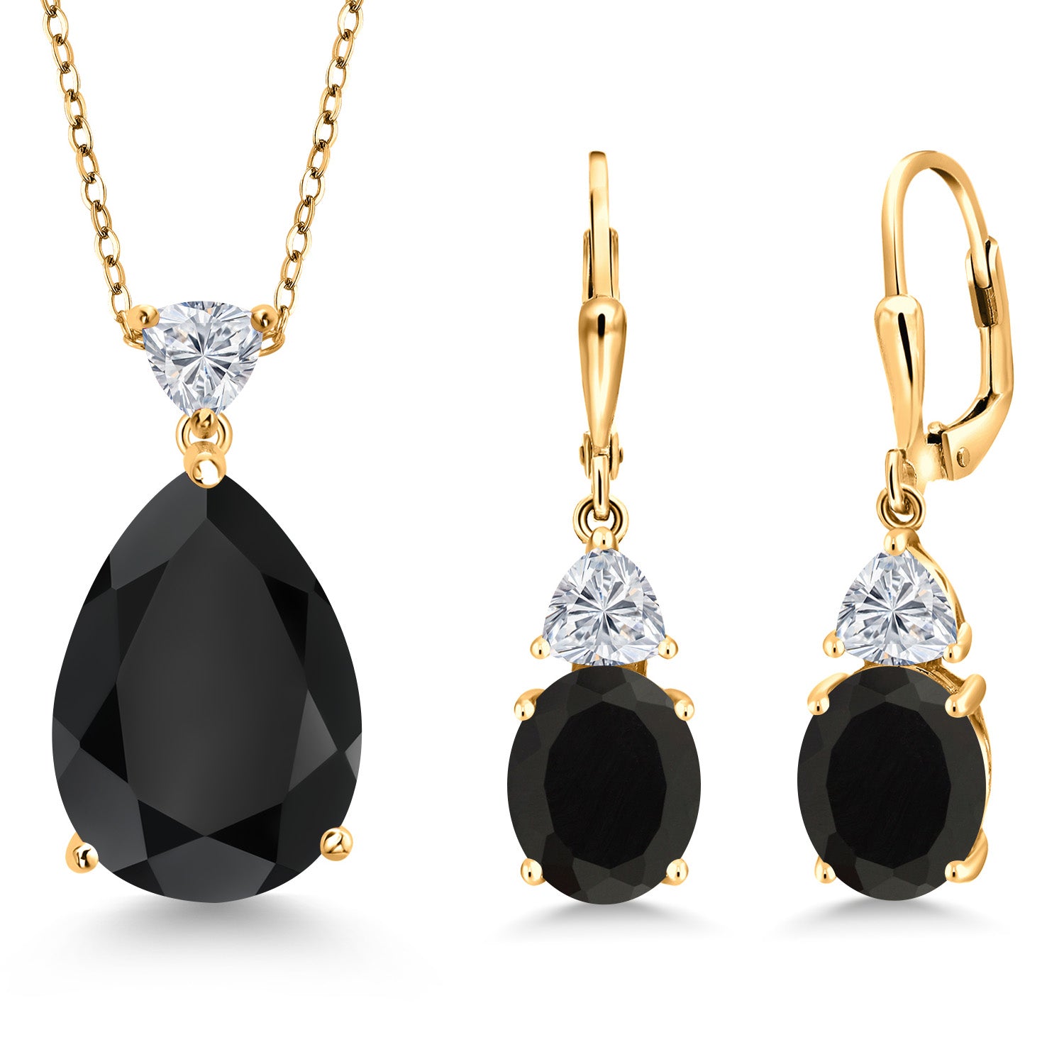 18K Yellow Gold Plated Silver Black Onyx and Lab Grown Diamond Pendant Earrings Jewelry Set For Women | 16.02 Cttw | Gemstone December Birthstone | Pear Shape 18X13MM | with 18 Inch Chain