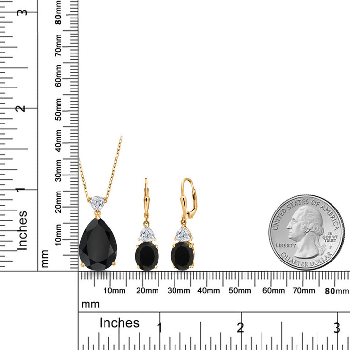 18K Yellow Gold Plated Silver Black Onyx and Lab Grown Diamond Pendant Earrings Jewelry Set For Women | 16.02 Cttw | Gemstone December Birthstone | Pear Shape 18X13MM | with 18 Inch Chain