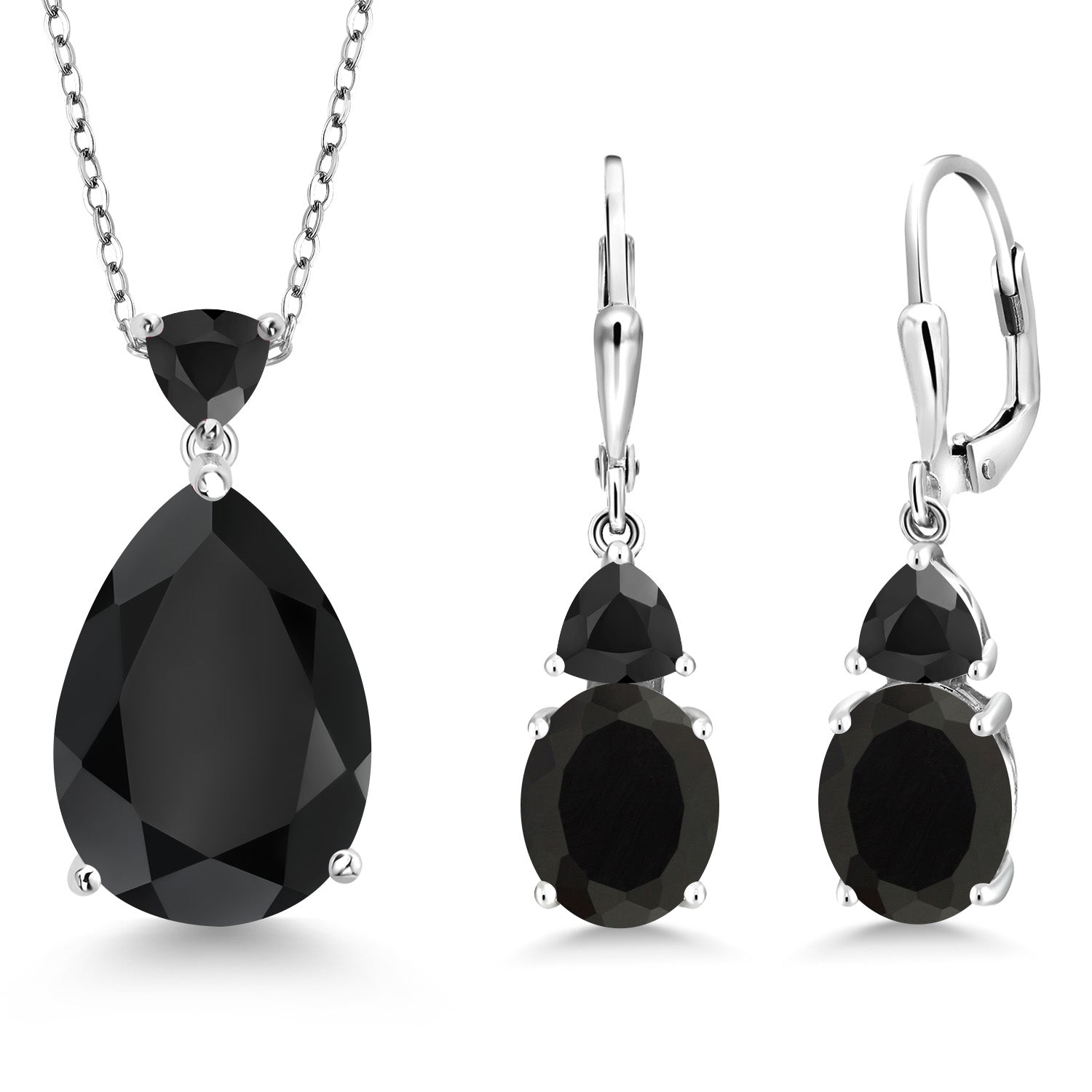 925 Sterling Silver Black Onyx Pendant Earrings Jewelry Set For Women (15.99 Cttw, Pear Shape 18X13MM, Gemstone December Birthstone, with 18 Inch Chain)