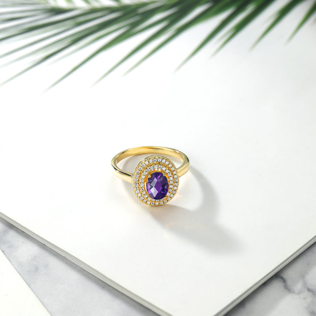 Amethyst-Checkerboard - February_7_Ring in 925 Yellow Gold Plated Silver