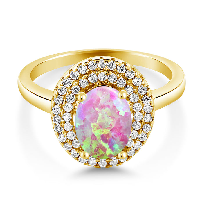 Pink Simulated Opal-Cabochon - October_5_Ring in 925 Yellow Gold Plated Silver