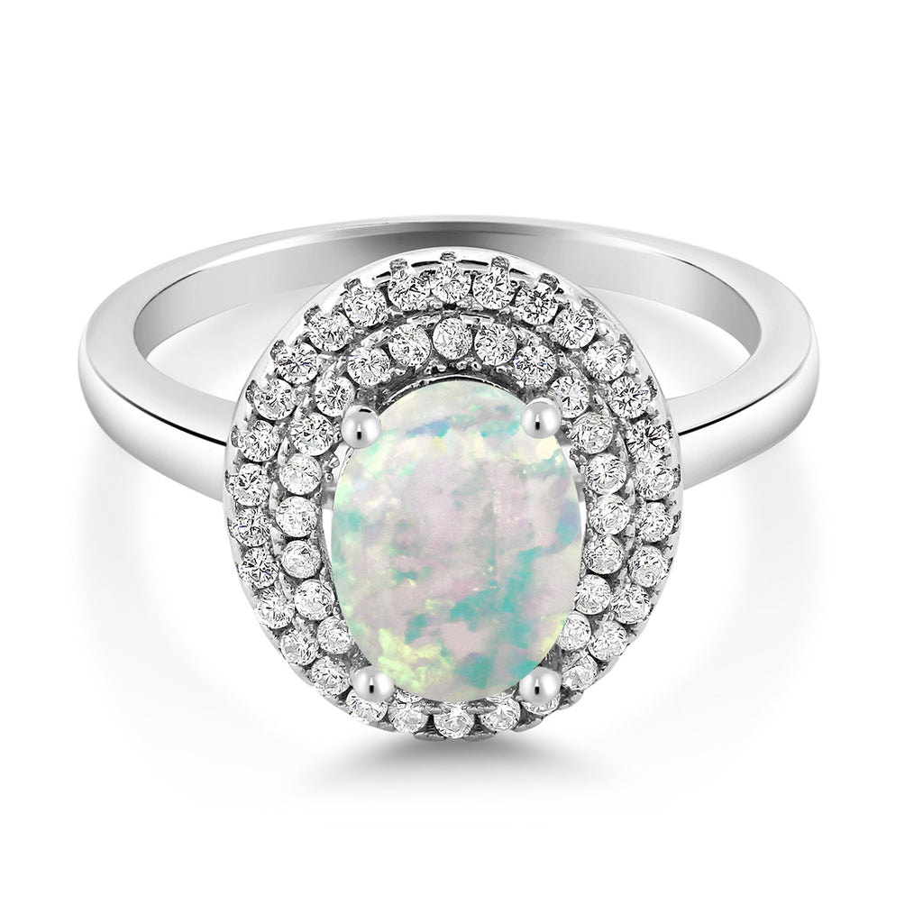 White Simulated Opal-Cabochon - October_5_Ring in 925 Sterling Silver