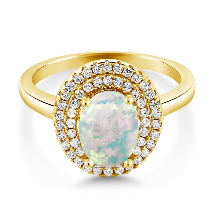 White Simulated Opal-Cabochon - October_5_Ring in 925 Yellow Gold Plated Silver