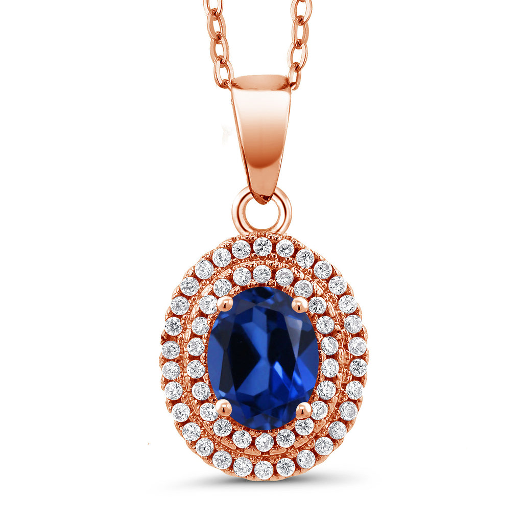 Blue Created Sapphire - September_Pendant in 925 Rose Gold Plated Silver
