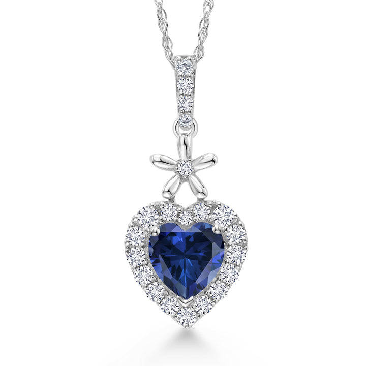 10K White Gold Blue Created Sapphire and White Lab Grown Diamond Pendant Necklace For Women (0.61 Cttw, Heart Shape 5MM, with 18 Inch Chain)