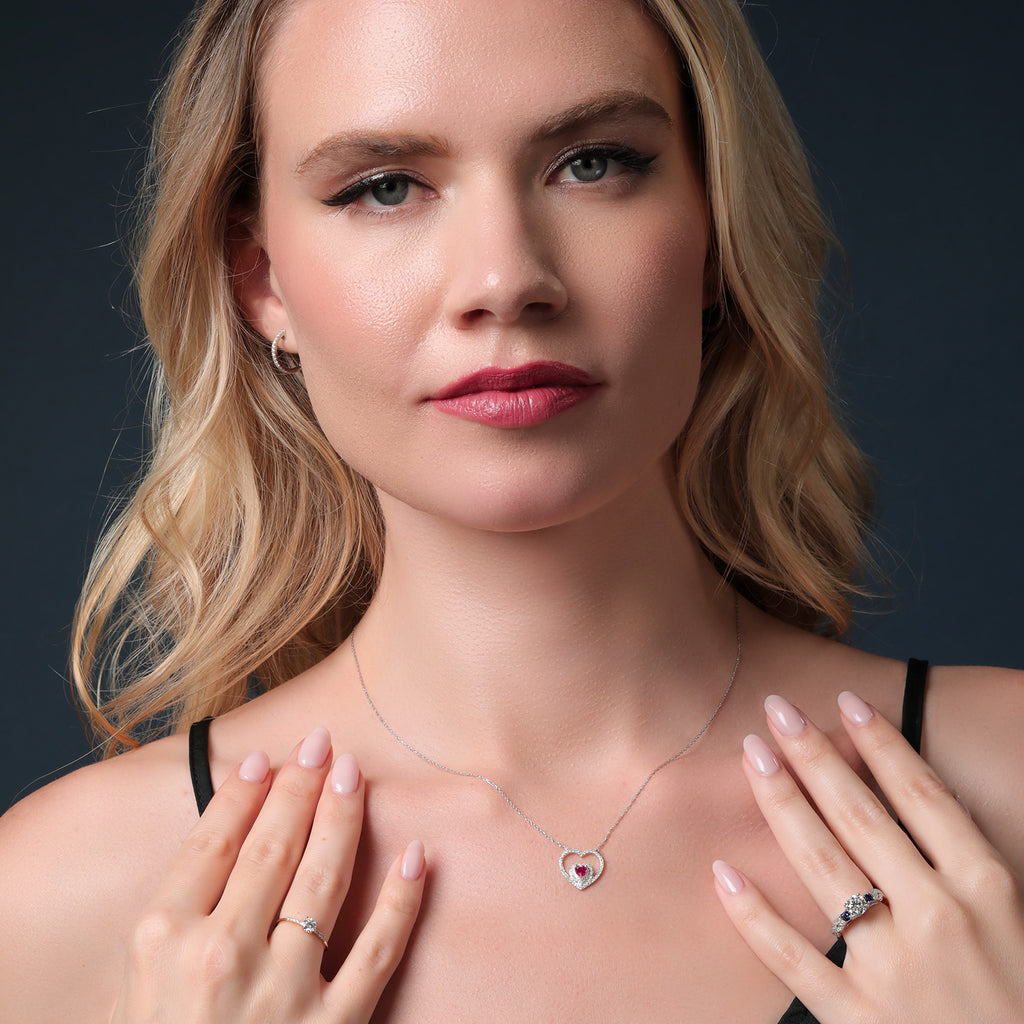 10K White Gold Red Created Ruby and White Lab Grown Diamond Double Pen