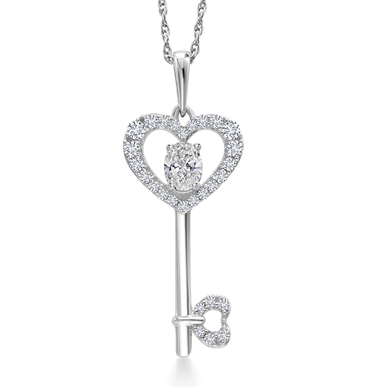 10K White Gold White Lab Grown Diamond Heart Shape Key Pendant Necklace For Women (0.29 Cttw, Gemstone April Birthstone, Oval 4X3MM, with 18 Inch Silver Chain)