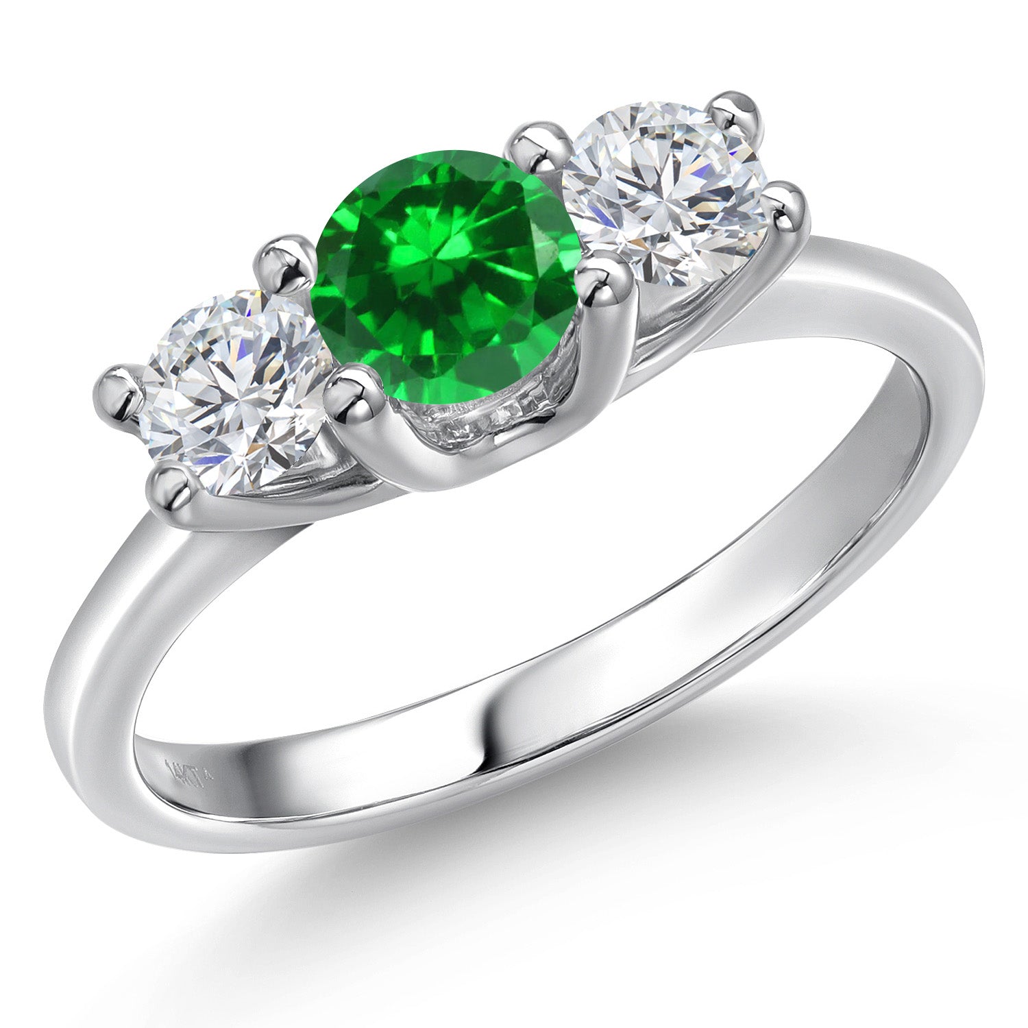 14K White Gold Green Created Emerald & White Lab Grown Diamond 3-Stone Engagement Ring | 1.38 Cttw | Round 5MM and 4MM | Three Stone Wedding Anniversary Promise Ring For Women