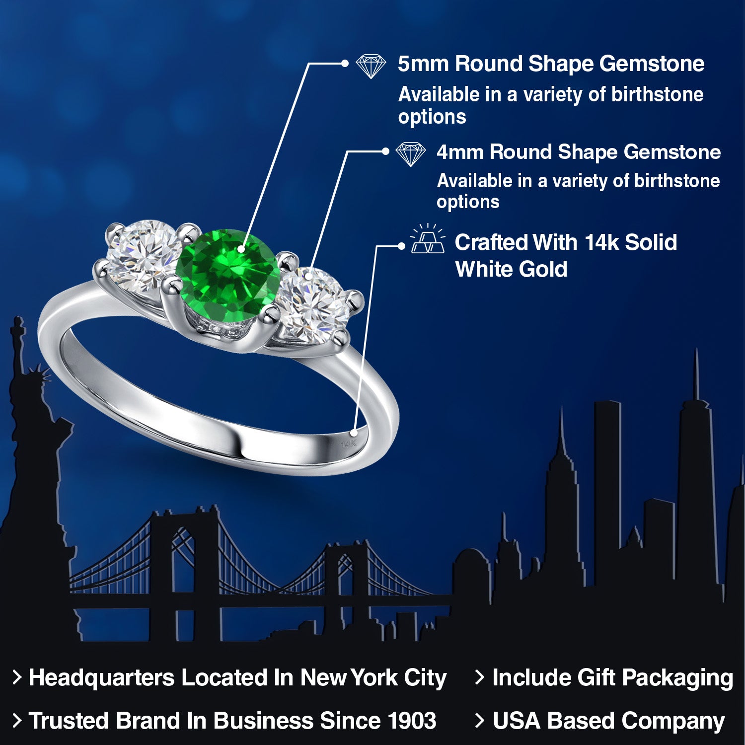 14K White Gold Green Created Emerald & White Lab Grown Diamond 3-Stone Engagement Ring | 1.38 Cttw | Round 5MM and 4MM | Three Stone Wedding Anniversary Promise Ring For Women