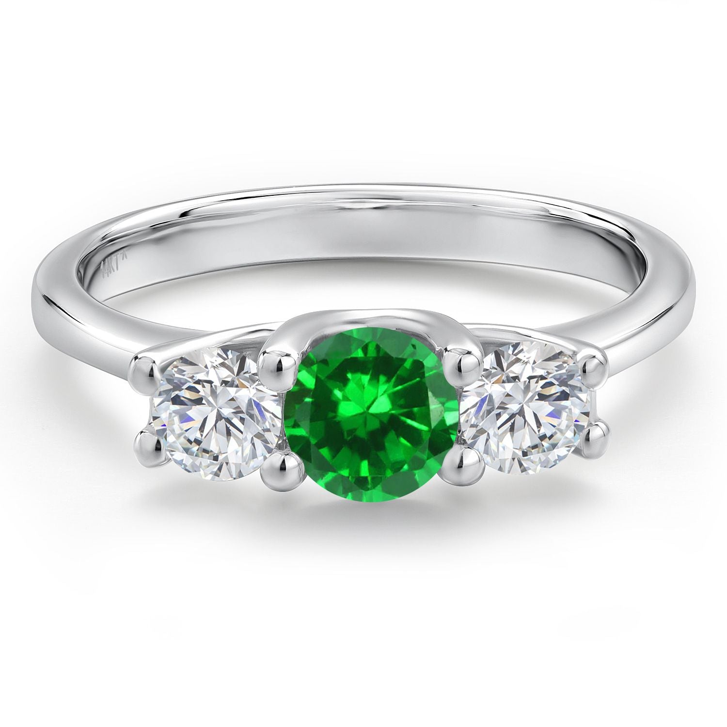 14K White Gold Green Created Emerald & White Lab Grown Diamond 3-Stone Engagement Ring | 1.38 Cttw | Round 5MM and 4MM | Three Stone Wedding Anniversary Promise Ring For Women