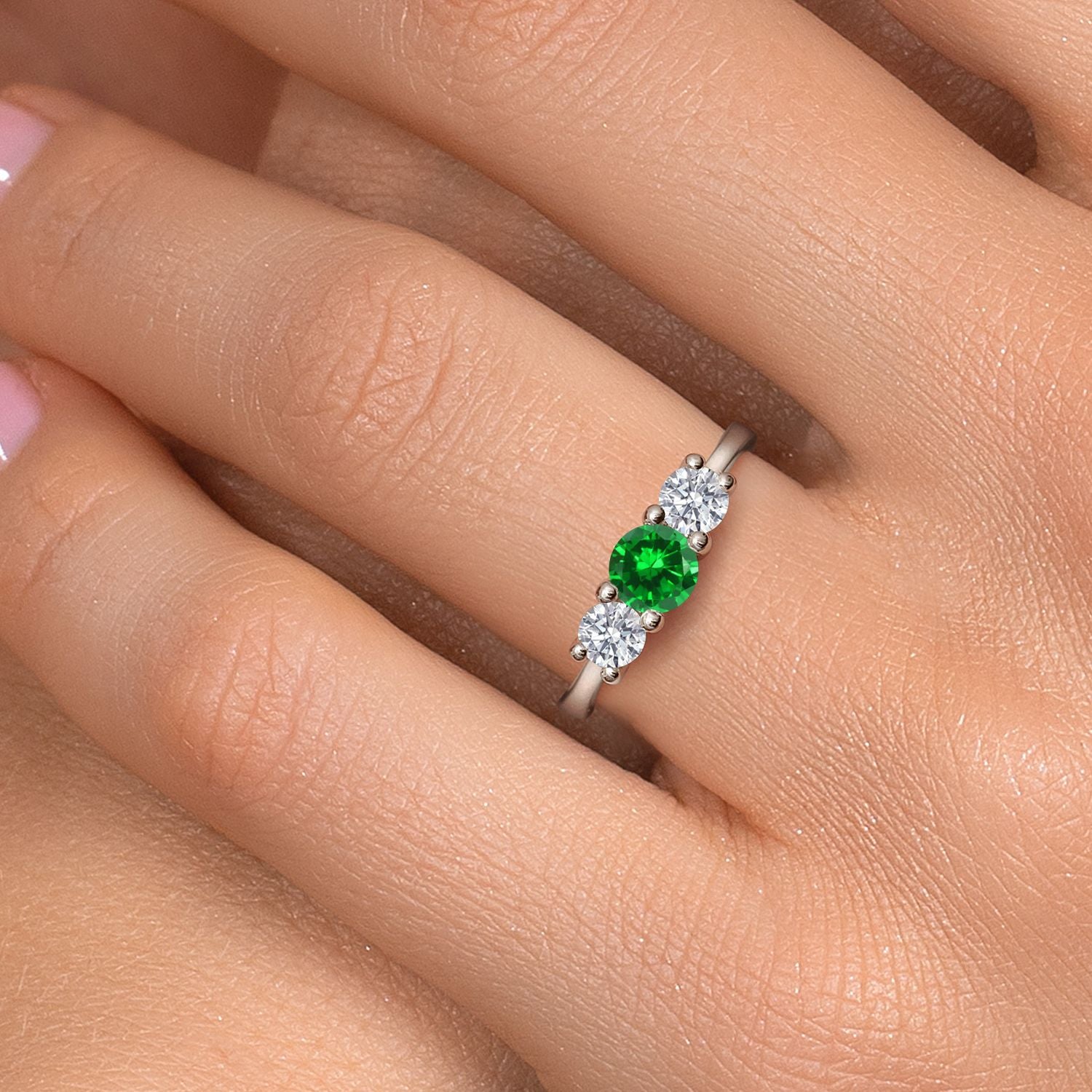 14K White Gold Green Created Emerald & White Lab Grown Diamond 3-Stone Engagement Ring | 1.38 Cttw | Round 5MM and 4MM | Three Stone Wedding Anniversary Promise Ring For Women