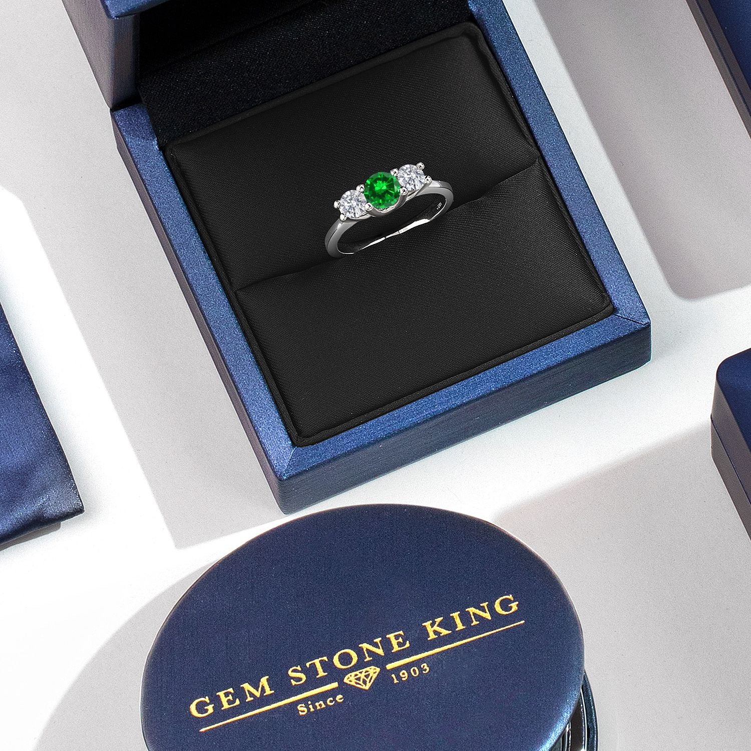 14K White Gold Green Created Emerald & White Lab Grown Diamond 3-Stone Engagement Ring | 1.38 Cttw | Round 5MM and 4MM | Three Stone Wedding Anniversary Promise Ring For Women