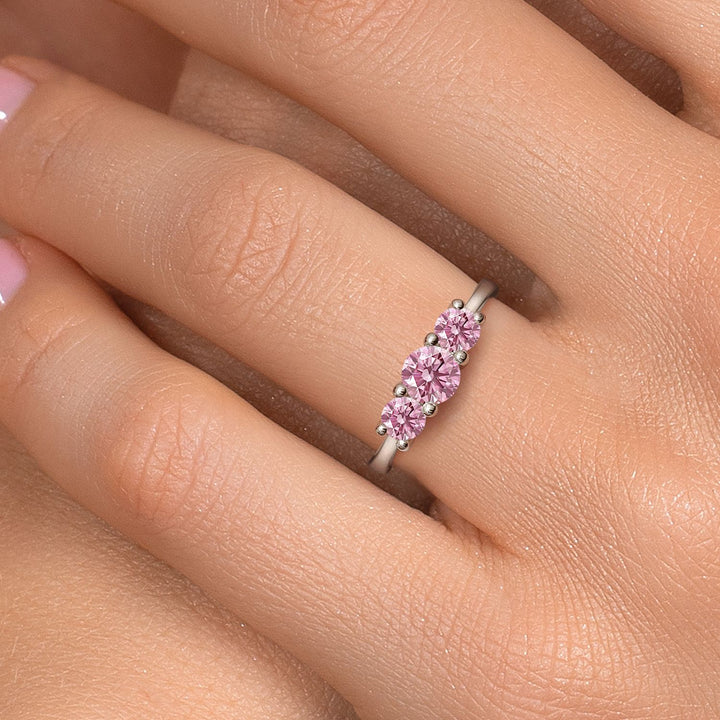 14K White Gold Pink Lab Grown Diamond 3-Stone Engagement Ring | 1.00 Cttw | Round 5MM and 4MM | Three Stone Wedding Anniversary Promise Ring For Women