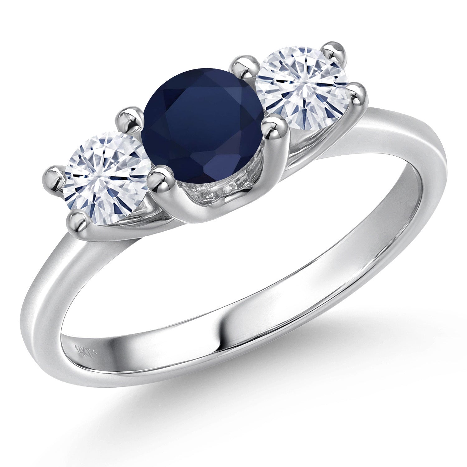 14K White Gold Blue Sapphire & White Moissanite 3-Stone Engagement Ring | 1.06 Cttw | Round 5MM and 4MM | Three Stone Wedding Anniversary Promise Ring For Women