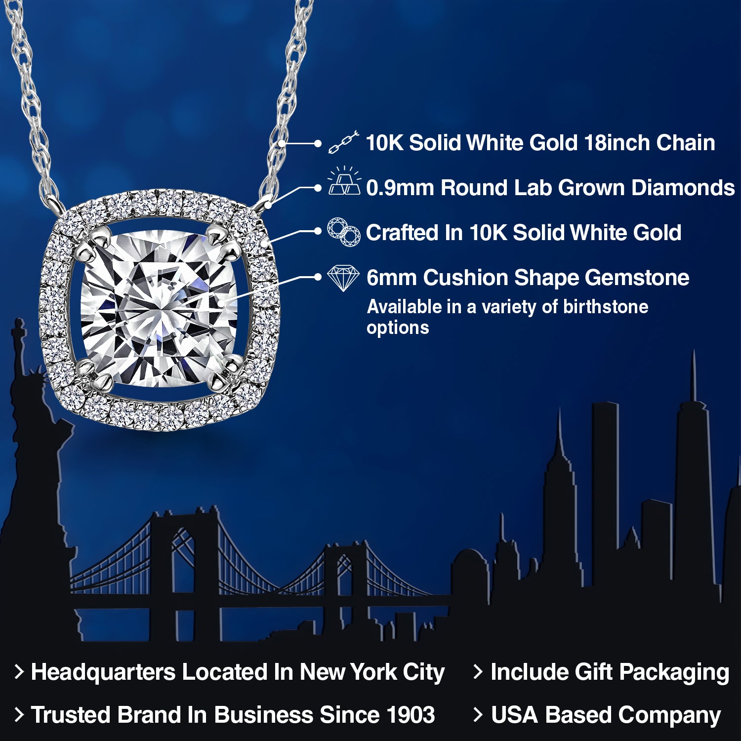 1.11 Cttw 10K White Gold IGI Certified Lab Grown Diamond Pendant Necklace | Center Cushion Diamond 1 Ct | F-G Color | VS Clarity | Gold Necklace For Women | With 18 Inch Chain