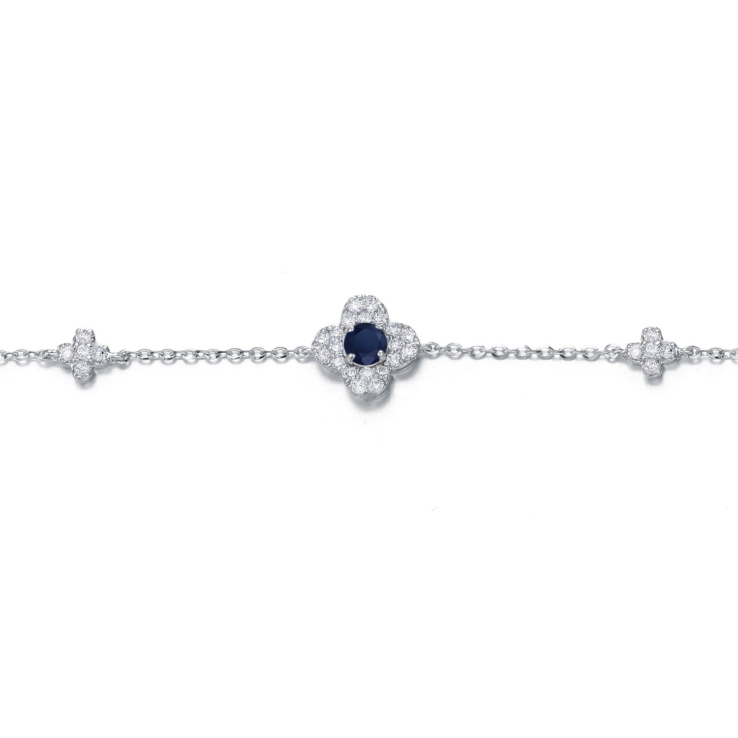 10K White Gold 3MM Round Gemstone Birthstone and White Lab Grown Diamond Four Leaf Clover Bracelet For Women | 7 Inch + 2 Inch Extender