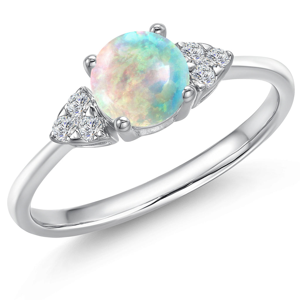 White Simulated Opal-Cabochon - October_5_Ring in 14K White Gold