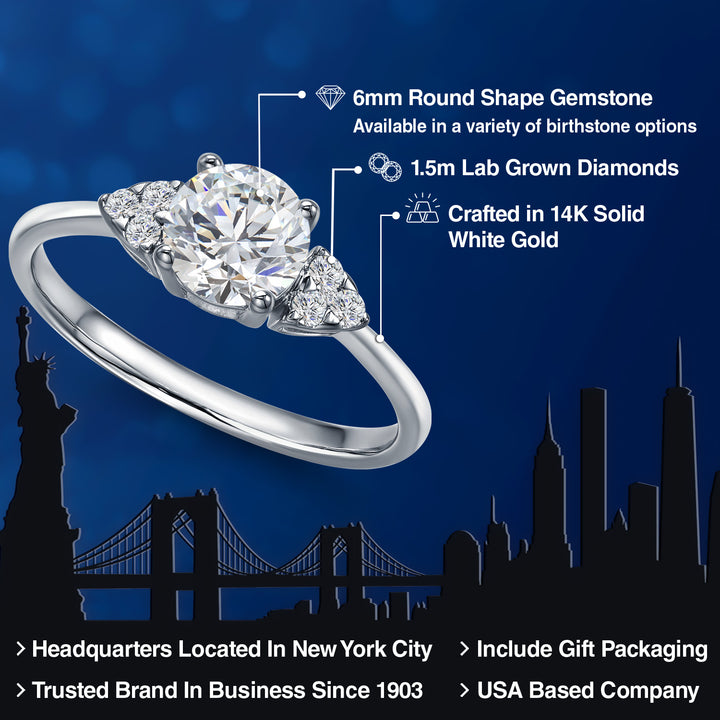 14K White Gold E - F Lab Grown Diamond Engagement Ring For Women | 0.86 Cttw | Round 6MM | Gemstone April Birthstone | Available in Size 5,6,7,8,9