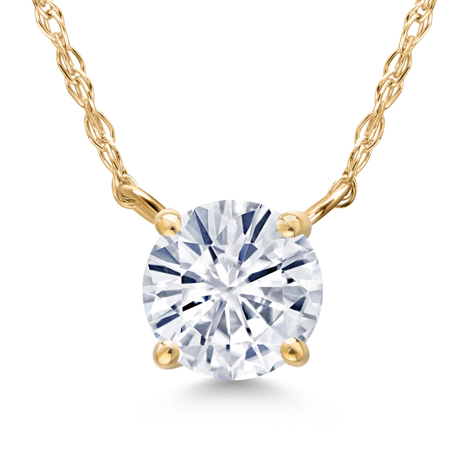 14K Yellow Gold White Moissanite Pendant Necklace for Women | 1.00 Cttw | Gemstone Birthstone | Round 6.5MM | With 18 Inch Chain