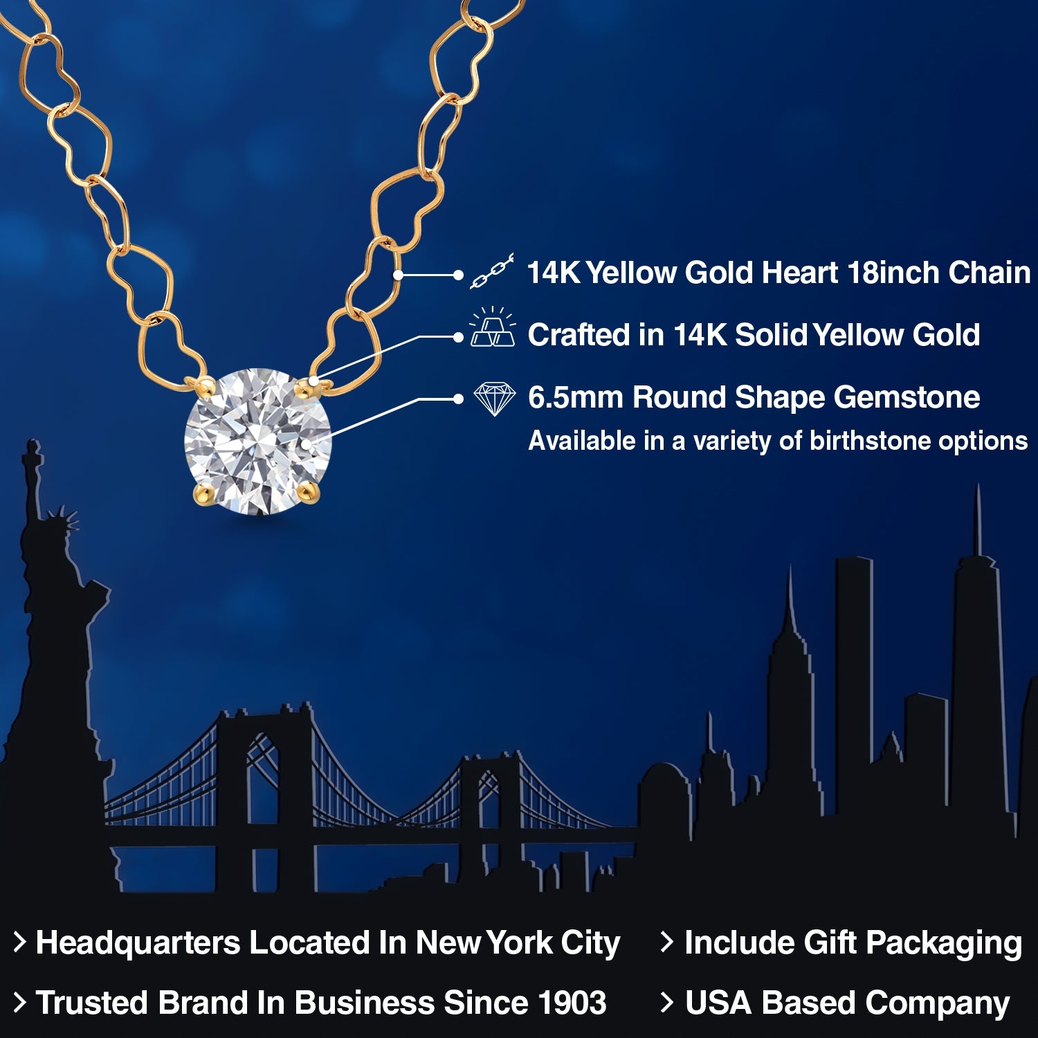 1.00 Ct IGI Certified Lab Grown Diamond Pendant Necklace for Women in 14K Yellow Gold | E-F Color | VS1-VS2 Clarity | Round Cut | With 18 Inch Heart Gold Chain