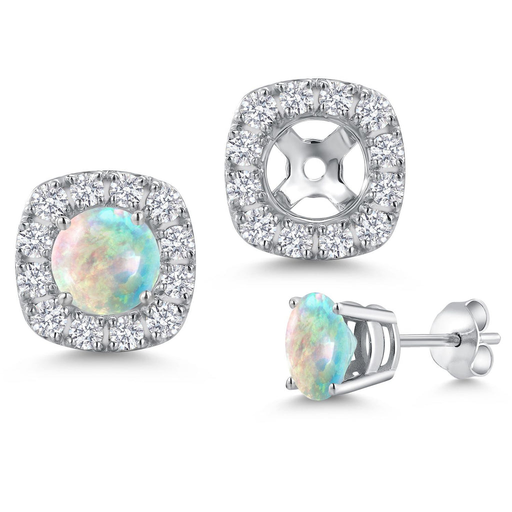 White Simulated Opal-Cabochon - October_Earrings in 14K White Gold