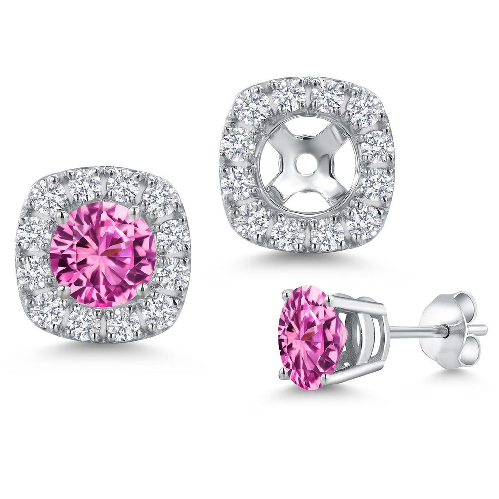Pink Created Sapphire - September_Earrings in 14K White Gold
