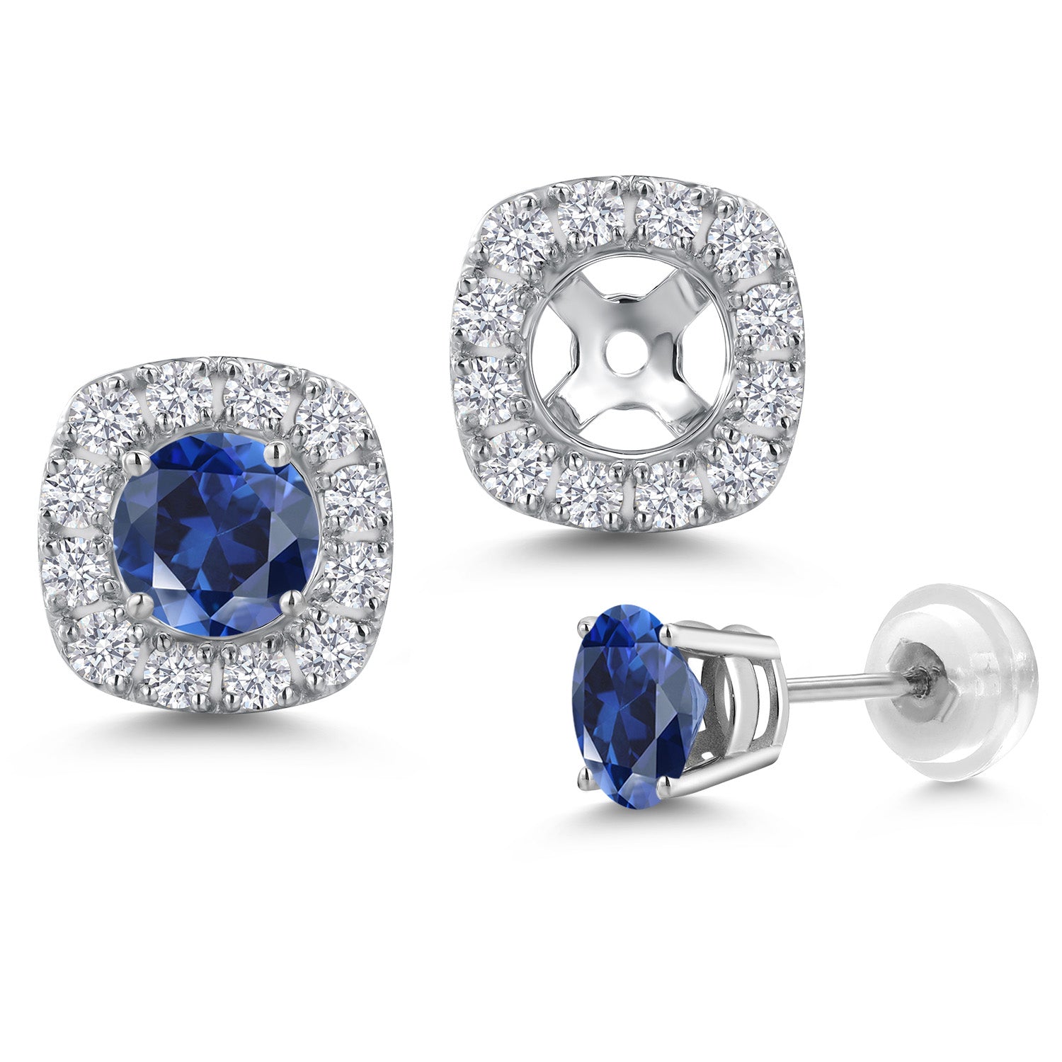 14K White Gold Blue Created Sapphire and White Lab Grown Diamond Removable Earrings Jackets For Women | 0.94 Cttw | Gemstone September Birthstone | Round 4.5MM