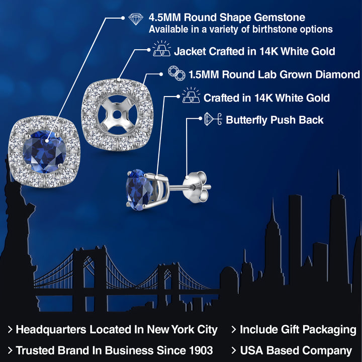 14K White Gold Blue Created Sapphire and White Lab Grown Diamond Removable Earrings Jackets For Women | 0.94 Cttw | Gemstone September Birthstone | Round 4.5MM