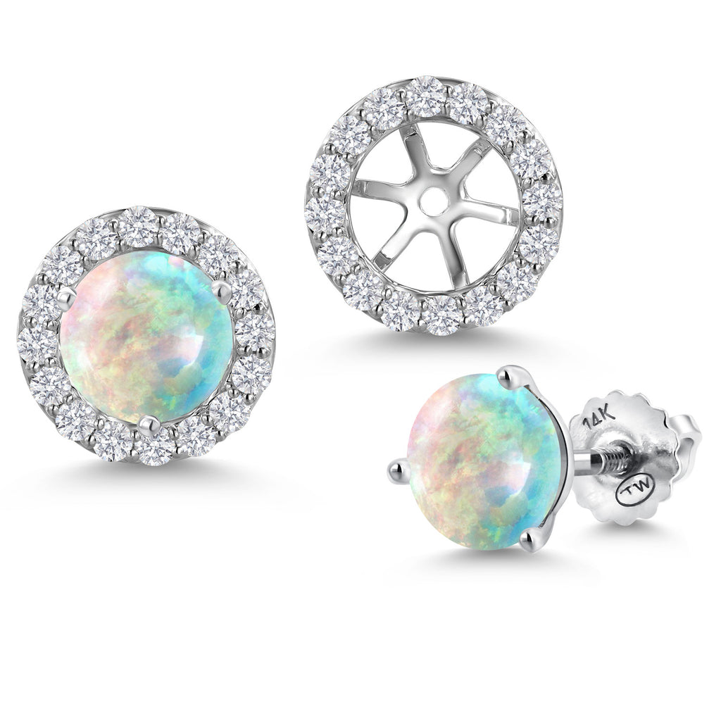 White Simulated Opal-Cabochon - October_Earrings in 14K White Gold