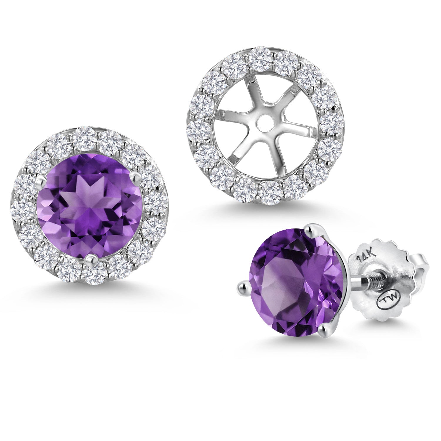 14K White Gold Purple Amethyst and White Lab Grown Diamond Martini 3 Prong Secure Screw-Backs Stud Earrings For Women with Removable Jackets | 2.48 Cttw | Gemstone February Birthstone | Round 6MM