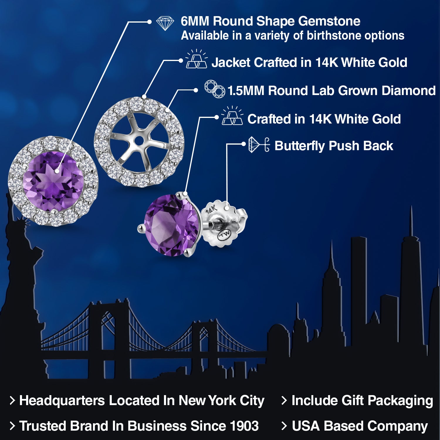 14K White Gold Purple Amethyst and White Lab Grown Diamond Martini 3 Prong Secure Screw-Backs Stud Earrings For Women with Removable Jackets | 2.48 Cttw | Gemstone February Birthstone | Round 6MM