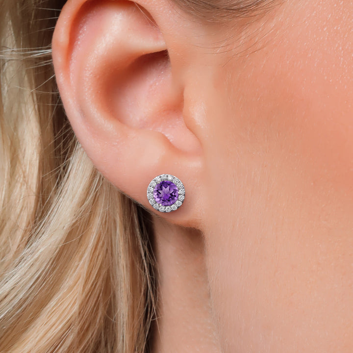 14K White Gold Purple Amethyst and White Lab Grown Diamond Martini 3 Prong Secure Screw-Backs Stud Earrings For Women with Removable Jackets | 2.48 Cttw | Gemstone February Birthstone | Round 6MM