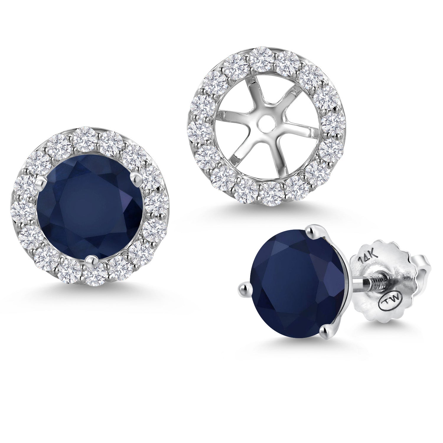 14K White Gold Blue Sapphire and White Lab Grown Diamond Martini 3 Prong Secure Screw-Backs Stud Earrings For Women with Removable Jackets | 2.68 Cttw | Gemstone September Birthstone | Round 6MM