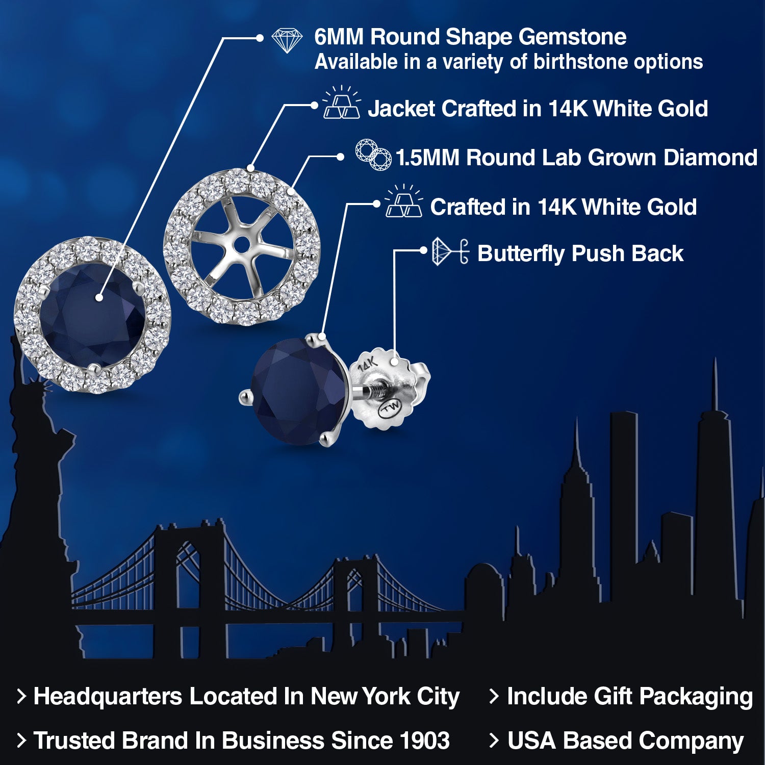 14K White Gold Blue Sapphire and White Lab Grown Diamond Martini 3 Prong Secure Screw-Backs Stud Earrings For Women with Removable Jackets | 2.68 Cttw | Gemstone September Birthstone | Round 6MM