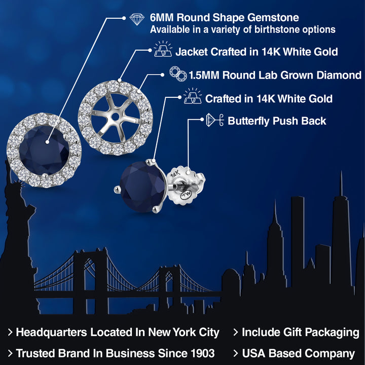 14K White Gold Blue Sapphire and White Lab Grown Diamond Martini 3 Prong Secure Screw-Backs Stud Earrings For Women with Removable Jackets | 2.68 Cttw | Gemstone September Birthstone | Round 6MM