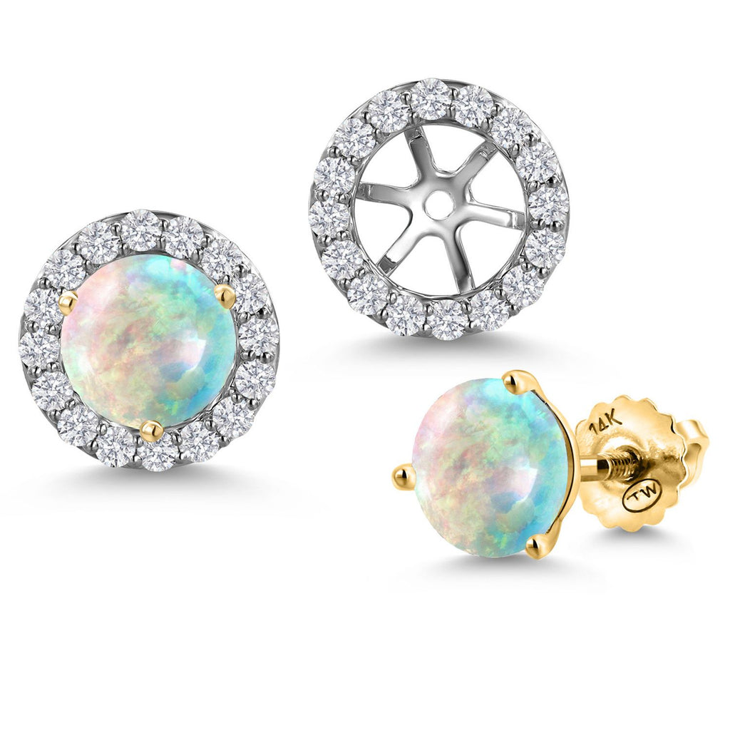 White Simulated Opal-Cabochon - October_Earrings in 14K Two Tone Gold