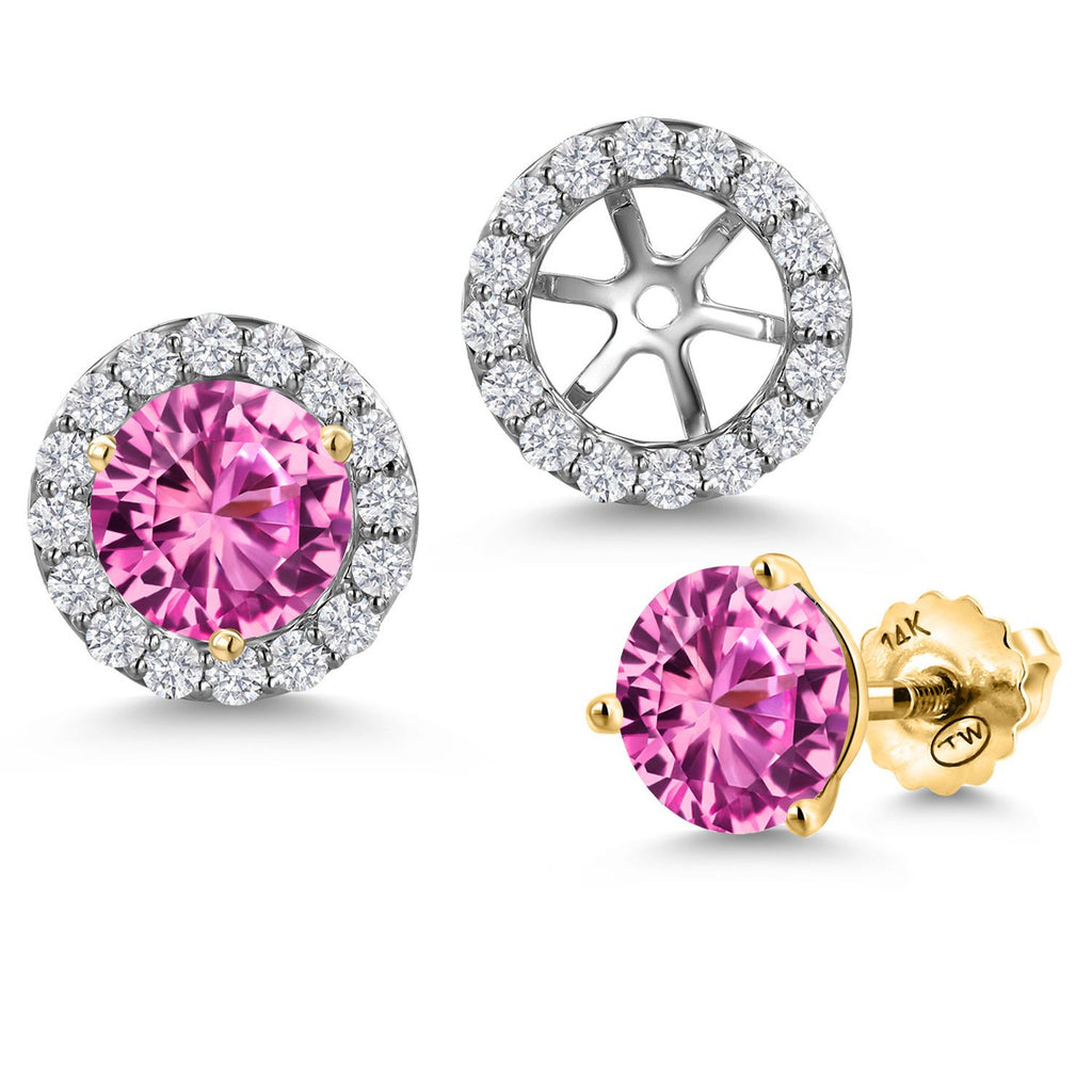 Pink Created Sapphire - September_Earrings in 14K Two Tone Gold