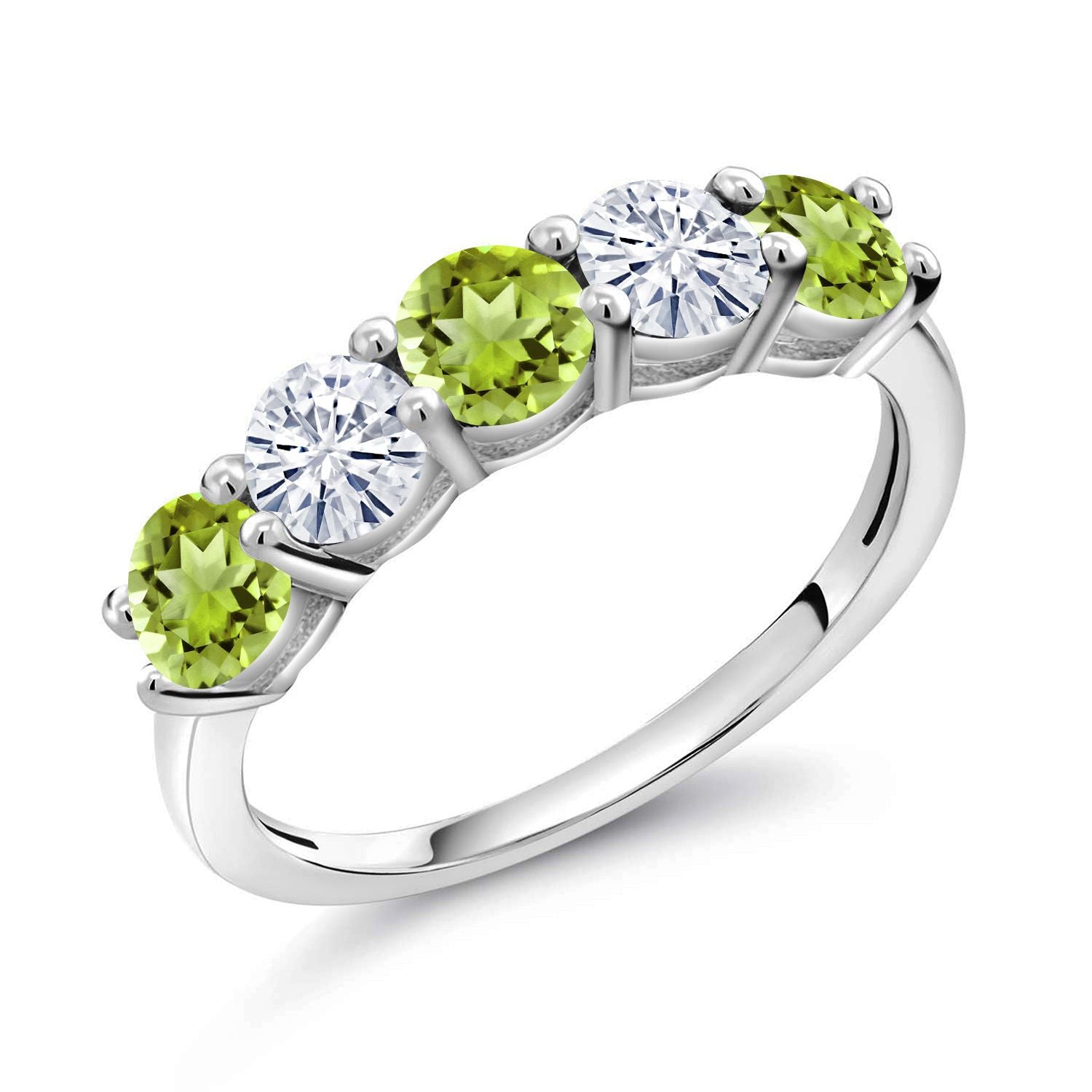 925 Sterling Silver Green Peridot and White Moissanite Wedding Band Ring For Women (0.94 Cttw, Round 3.5MM, Gemstone August Birthstone, Available In Size 5, 6, 7, 8, 9)