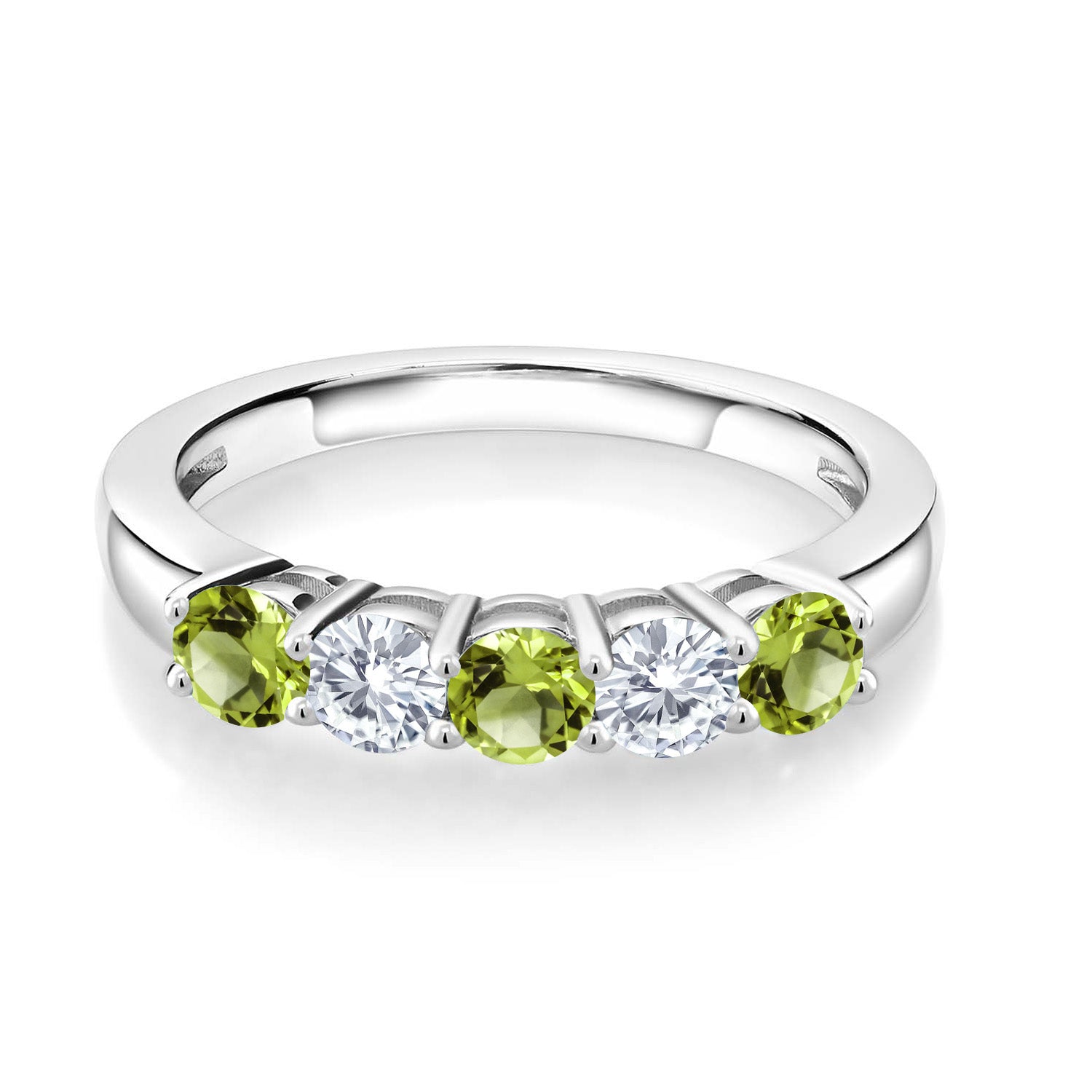 925 Sterling Silver Green Peridot and White Moissanite Wedding Band Ring For Women (0.94 Cttw, Round 3.5MM, Gemstone August Birthstone, Available In Size 5, 6, 7, 8, 9)