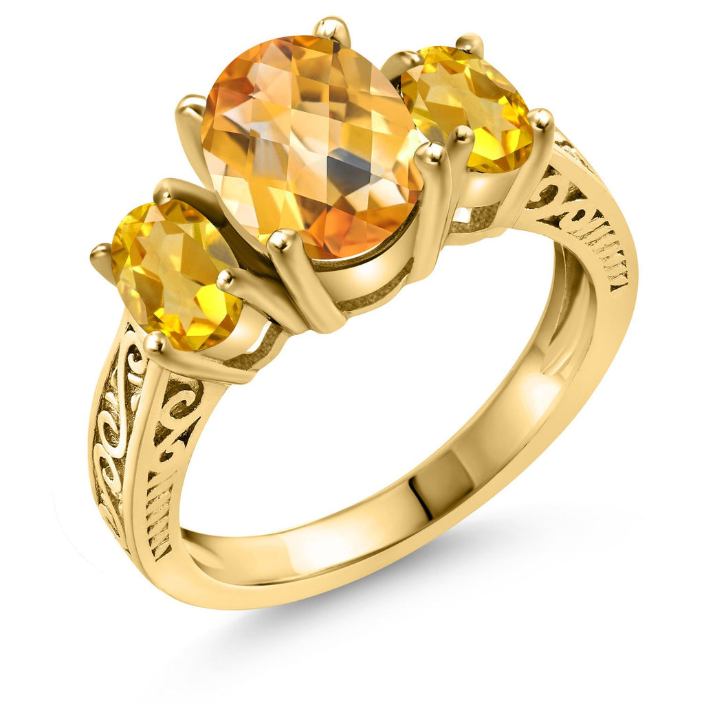 Gem Stone King 2-3 Cttw Oval 3-Stone Engagement Ring For Women | 18K Yellow Gold Plated Silver | Gemstone Birthstone | Oval 9X7MM and 6X4MM | Three Stone Wedding Anniversary Promise Ring
