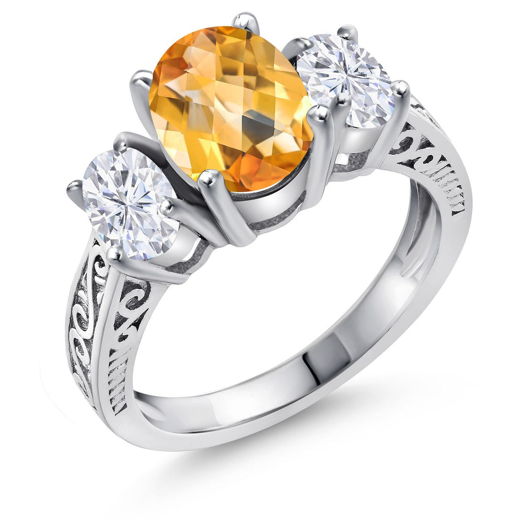Gem Stone King Gemstone Birthstone and White Moissanite 3-Stone Engagement Ring | 925 Sterling Silver | Three Stone Wedding Anniversary Promise Ring For Women | Oval 9X7MM and 6X4MM | Available in Size 5-9