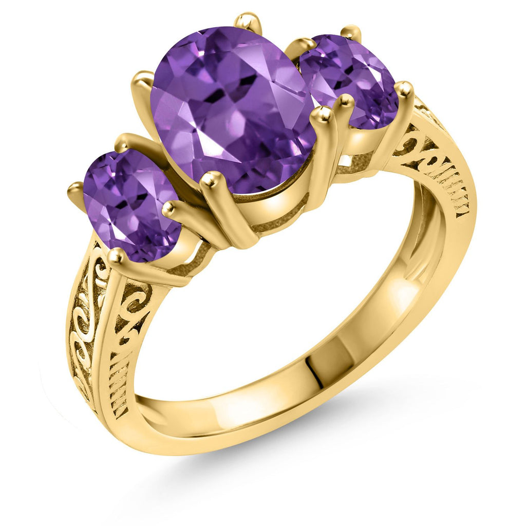 Gem Stone King 2-3 Cttw Oval 3-Stone Engagement Ring For Women | 18K Yellow Gold Plated Silver | Gemstone Birthstone | Oval 9X7MM and 6X4MM | Three Stone Wedding Anniversary Promise Ring