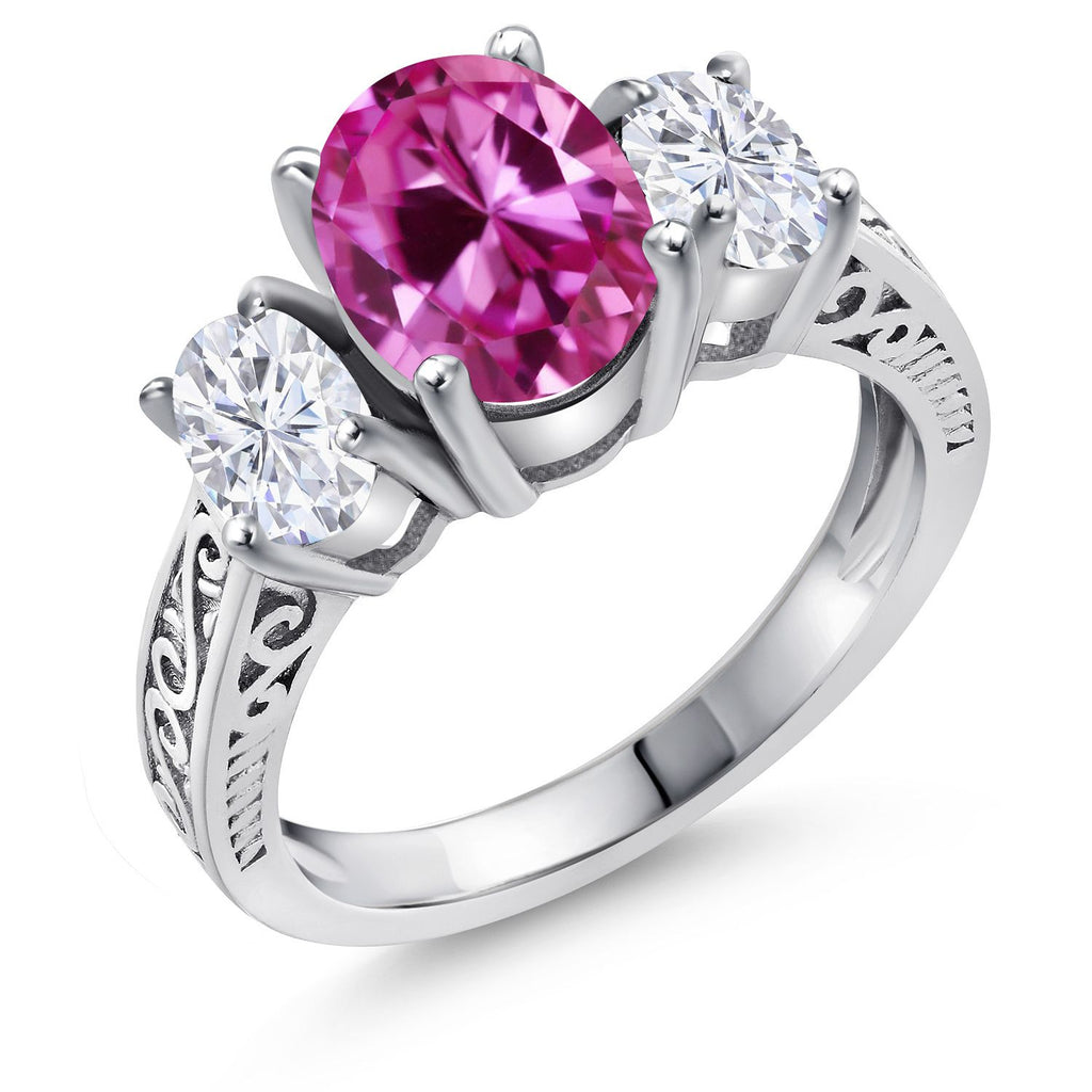 Gem Stone King Gemstone Birthstone and White Moissanite 3-Stone Engagement Ring | 925 Sterling Silver | Three Stone Wedding Anniversary Promise Ring For Women | Oval 9X7MM and 6X4MM | Available in Size 5-9