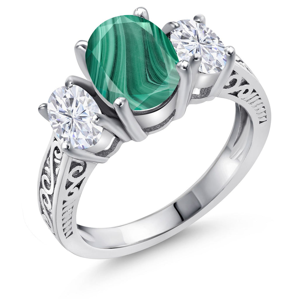 Gem Stone King Gemstone Birthstone and White Moissanite 3-Stone Engagement Ring | 925 Sterling Silver | Three Stone Wedding Anniversary Promise Ring For Women | Oval 9X7MM and 6X4MM | Available in Size 5-9