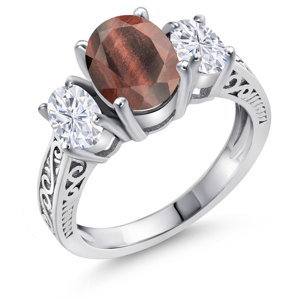 Gem Stone King Gemstone Birthstone and White Moissanite 3-Stone Engagement Ring | 925 Sterling Silver | Three Stone Wedding Anniversary Promise Ring For Women | Oval 9X7MM and 6X4MM | Available in Size 5-9