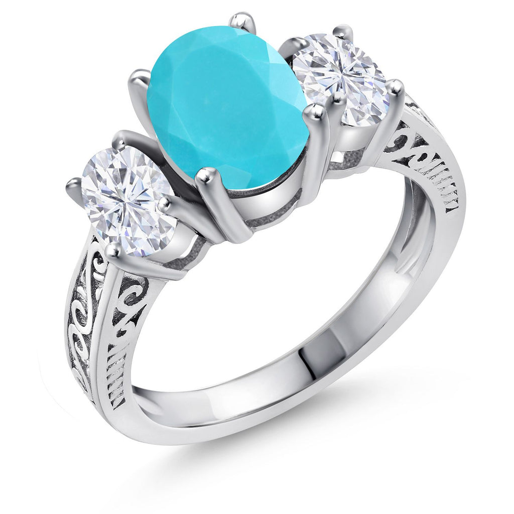 Gem Stone King Gemstone Birthstone and White Moissanite 3-Stone Engagement Ring | 925 Sterling Silver | Three Stone Wedding Anniversary Promise Ring For Women | Oval 9X7MM and 6X4MM | Available in Size 5-9