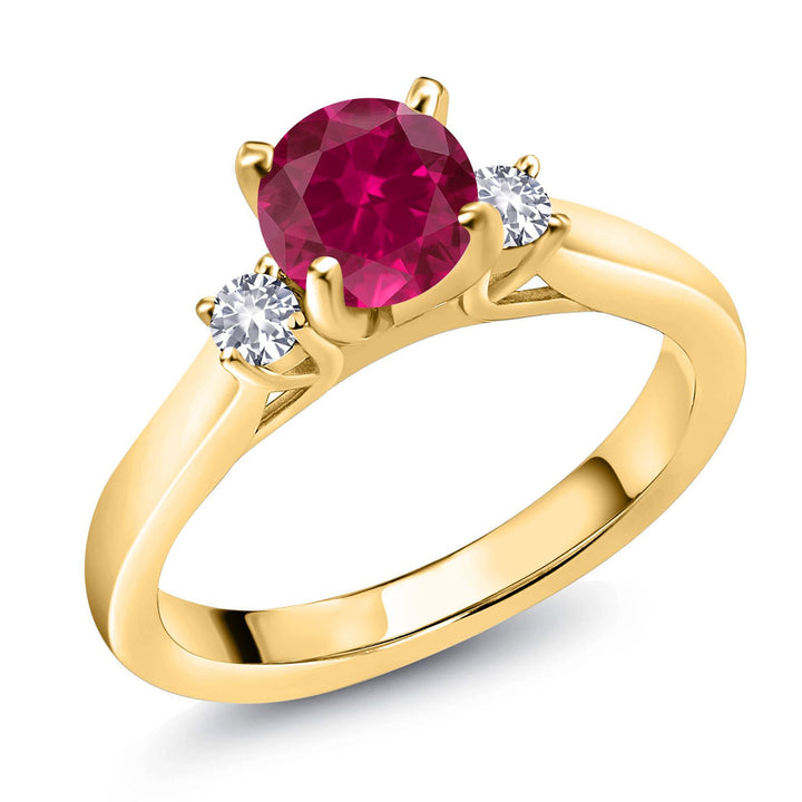 Gem Stone King 18K Yellow Gold Plated Silver Red Created Ruby and White Created Sapphire 3-Stone Engagement Ring For Women | 1.10 Cttw | Gemstone July Birthstone | Round 6MM